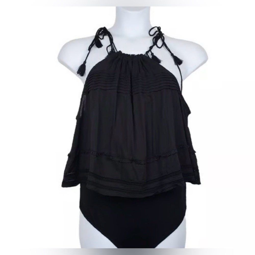 Free People Black Fringe Tassel Layered Onsie Tank - Boho One-Piece Top - Picture 2 of 4